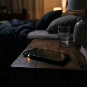 Smartphone with glowing orange notification light on wooden bedside table