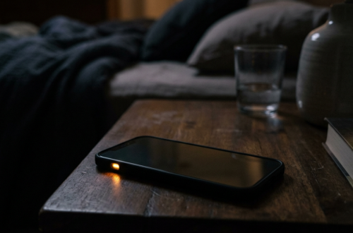 Smartphone with glowing orange notification light on wooden bedside table