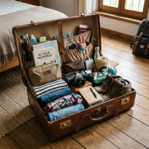 Open vintage suitcase packed with clothes, camera, passport, toiletries, map, first aid kit, and travel accessories