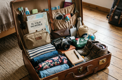 Open vintage suitcase packed with clothes, camera, passport, toiletries, map, first aid kit, and travel accessories
