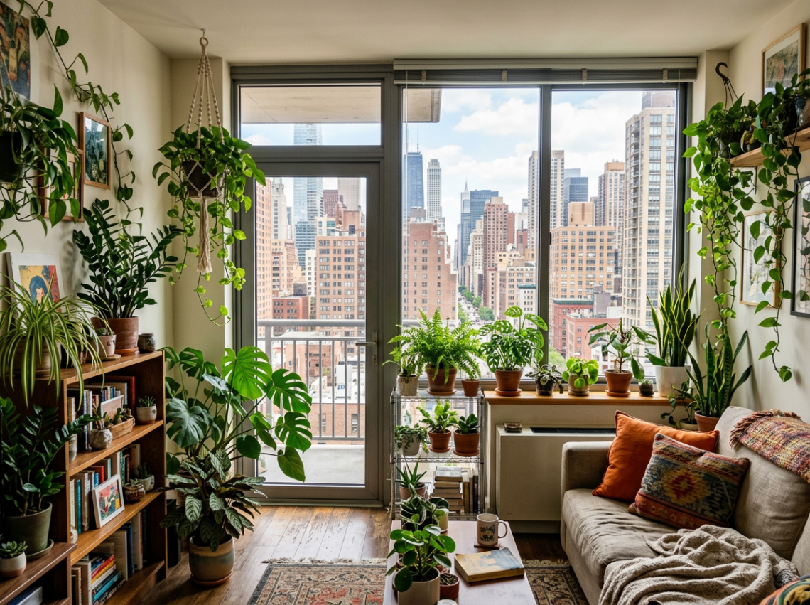 Living room filled with various houseplants and large windows showing city buildings