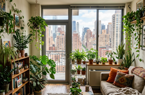Living room filled with various houseplants and large windows showing city buildings