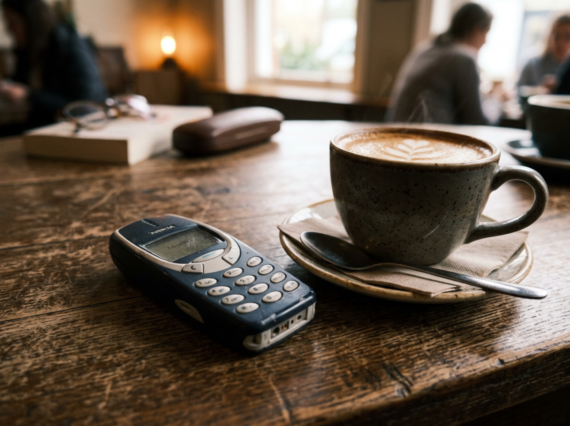 Classic mobile phone next to a cup of cappuccino with latte art on wooden table