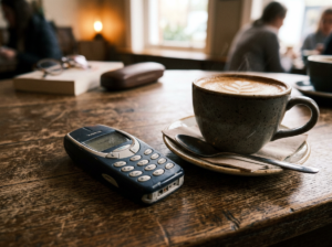 Classic mobile phone next to a cup of cappuccino with latte art on wooden table