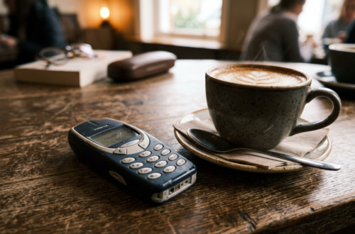 Classic mobile phone next to a cup of cappuccino with latte art on wooden table