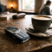 Classic mobile phone next to a cup of cappuccino with latte art on wooden table