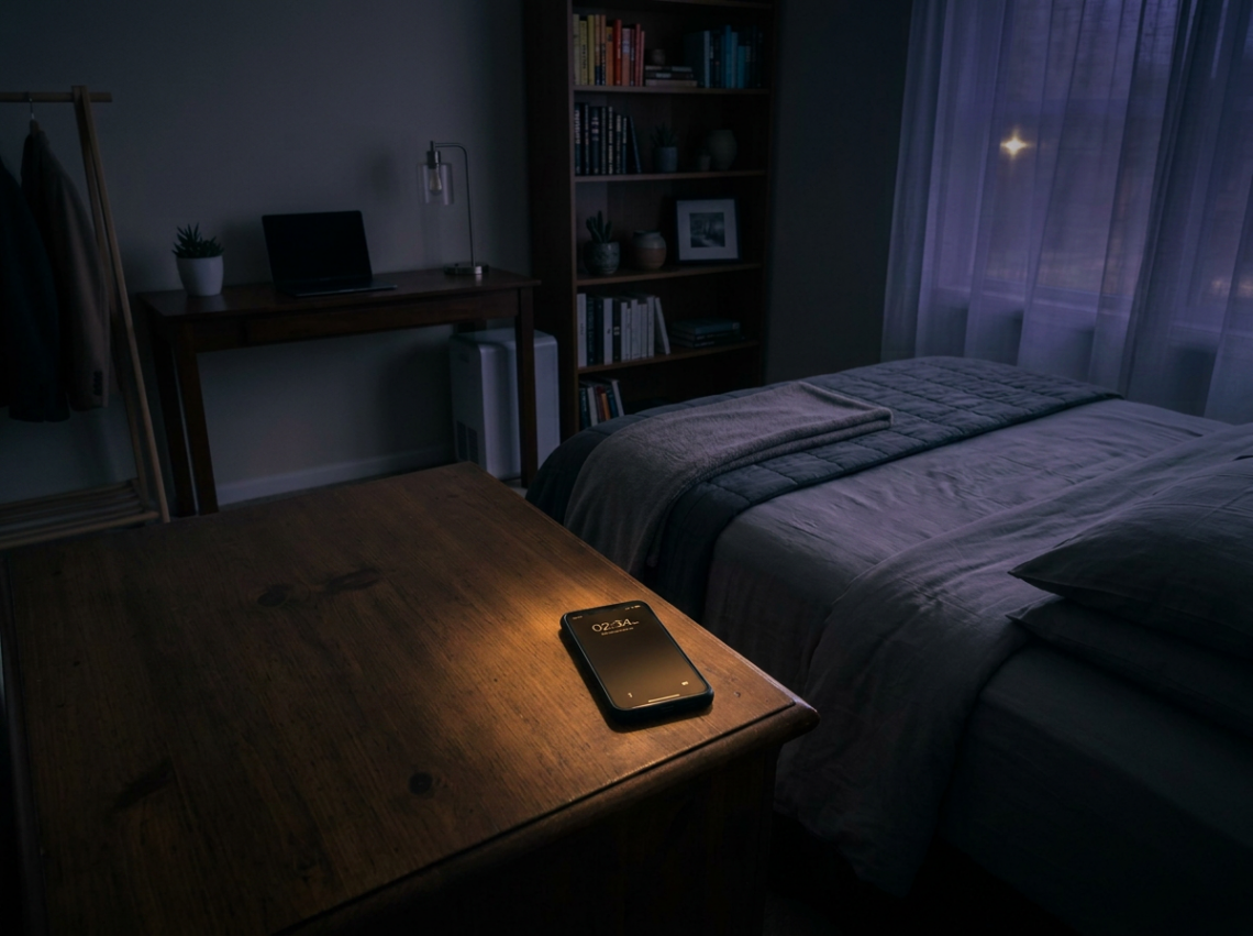 Messy bedroom with unmade bed, cluttered nightstand, and mobile phone charging
