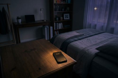 Messy bedroom with unmade bed, cluttered nightstand, and mobile phone charging