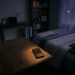 Messy bedroom with unmade bed, cluttered nightstand, and mobile phone charging