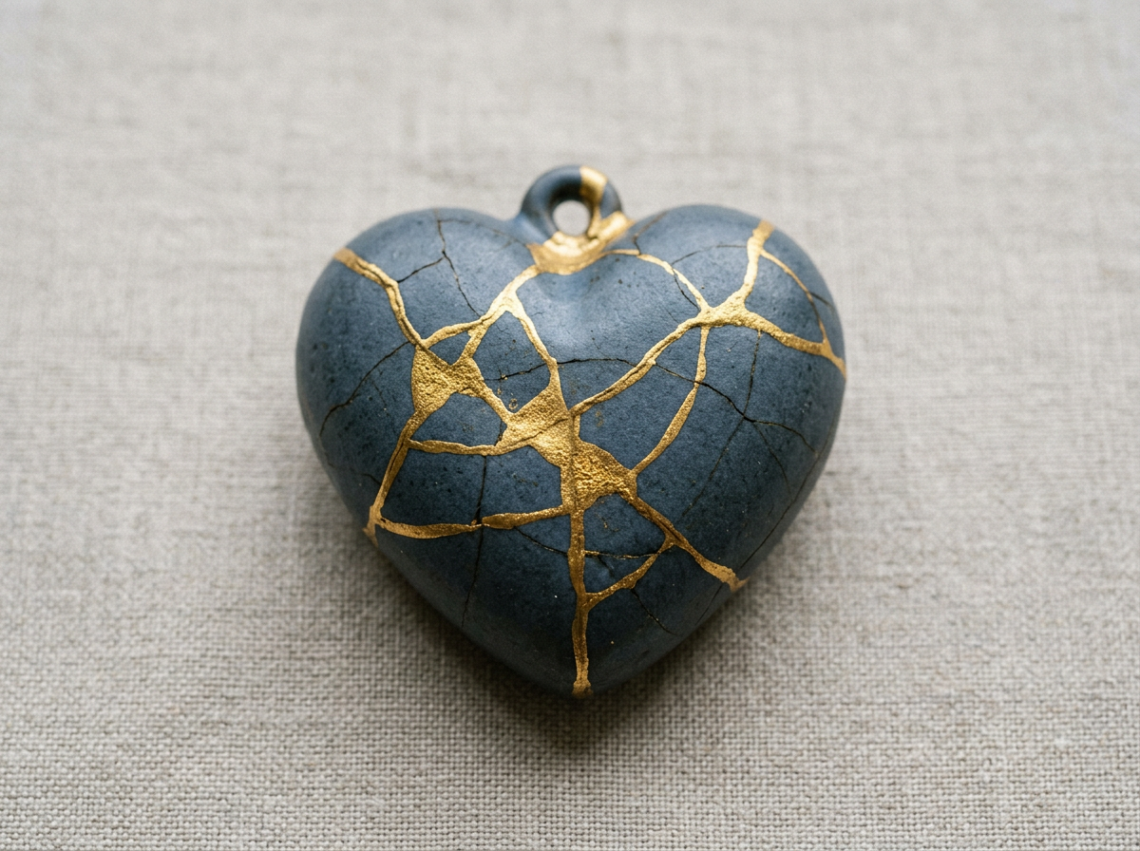 Heart-shaped pendant with gold repairs on cracked surface