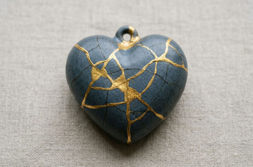 Heart-shaped pendant with gold repairs on cracked surface