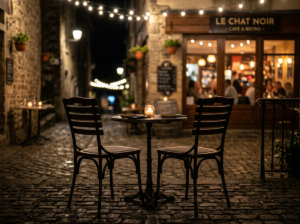 Two empty chairs and a small table with a candlelit jar outside a lit cafe at night