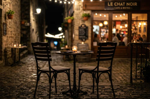 Two empty chairs and a small table with a candlelit jar outside a lit cafe at night